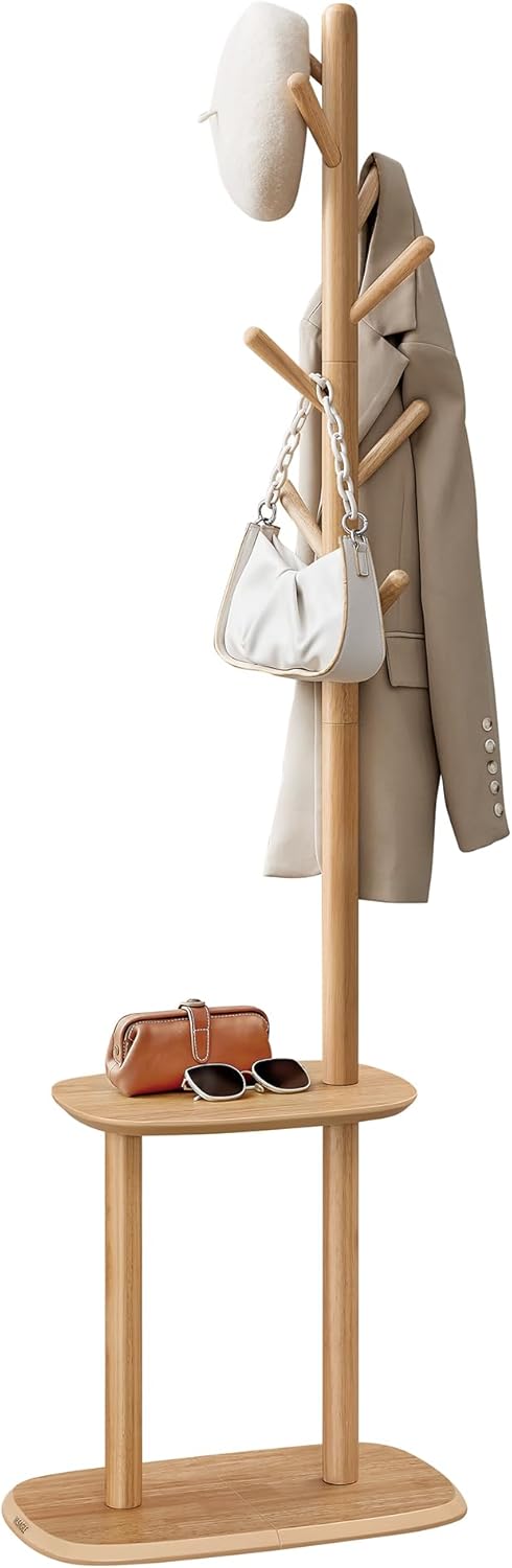 Coat Rack, Free Standing Coat Stand, Hall Coat Tree with 8 Hooks and Storage Shelf, 67.2 Inch Tall, for Coats, Hats, Bags, for Entryway, Hallway, Bedroom, Caramel Brown URCR040K01