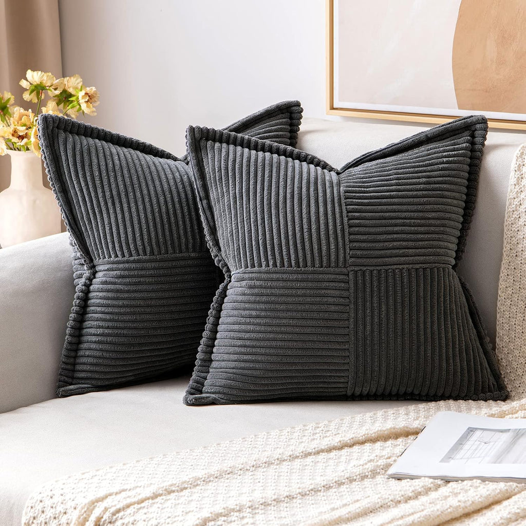 MIULEE Decorative Throw Pillow Covers for Couch Bed Livingroom 18x18 Inch Set of 2 Beige Boho Accent Throw Pllows Broadside Striped Patchwork Soft Corduroy Pillowcases