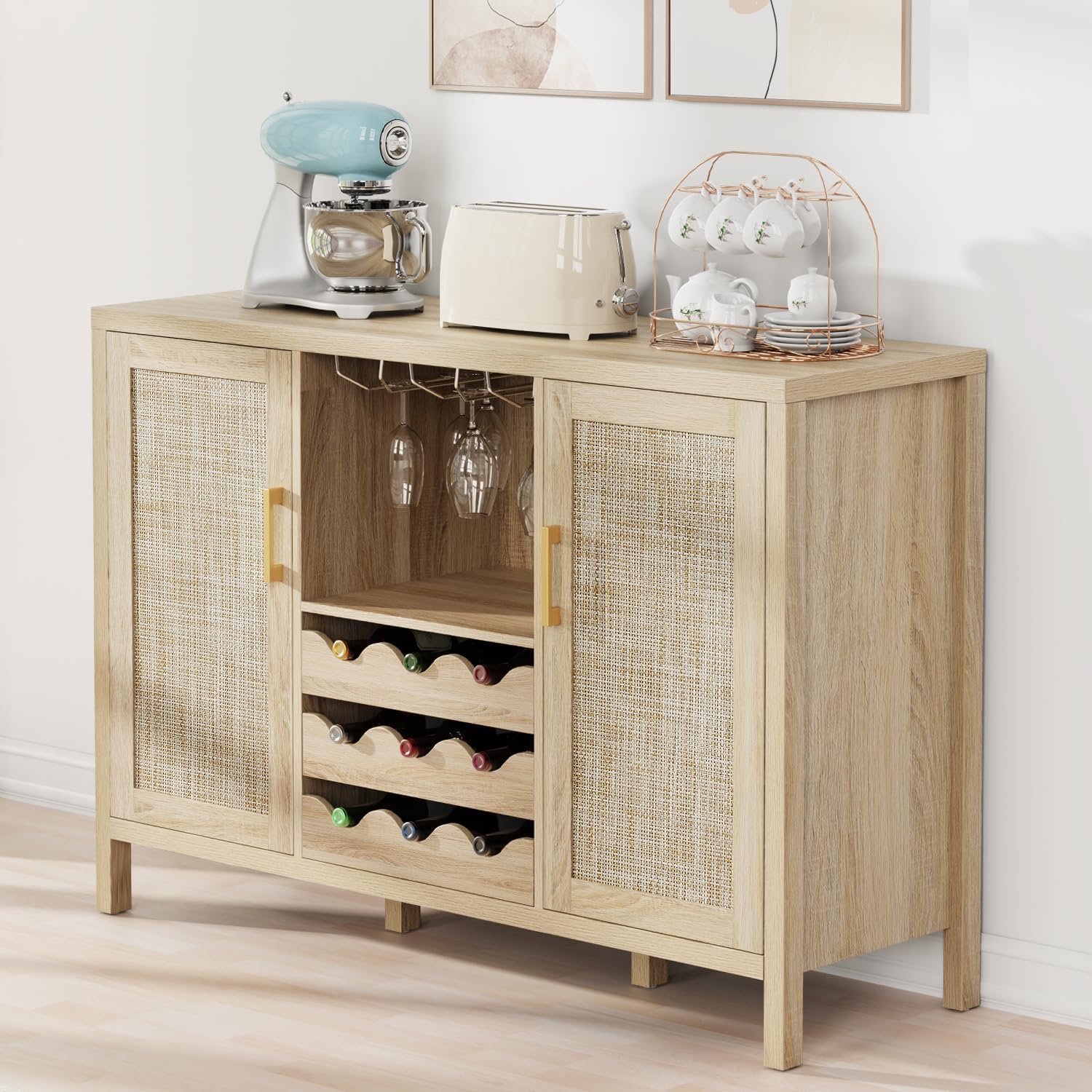 Rattan Wine Bar Cabinet, Boho Rattan Home Bar with Glass Holder and Drawer Style Racks, Oak Sideboard Buffet Storage Cabinet for Living Dining Room Kitchen