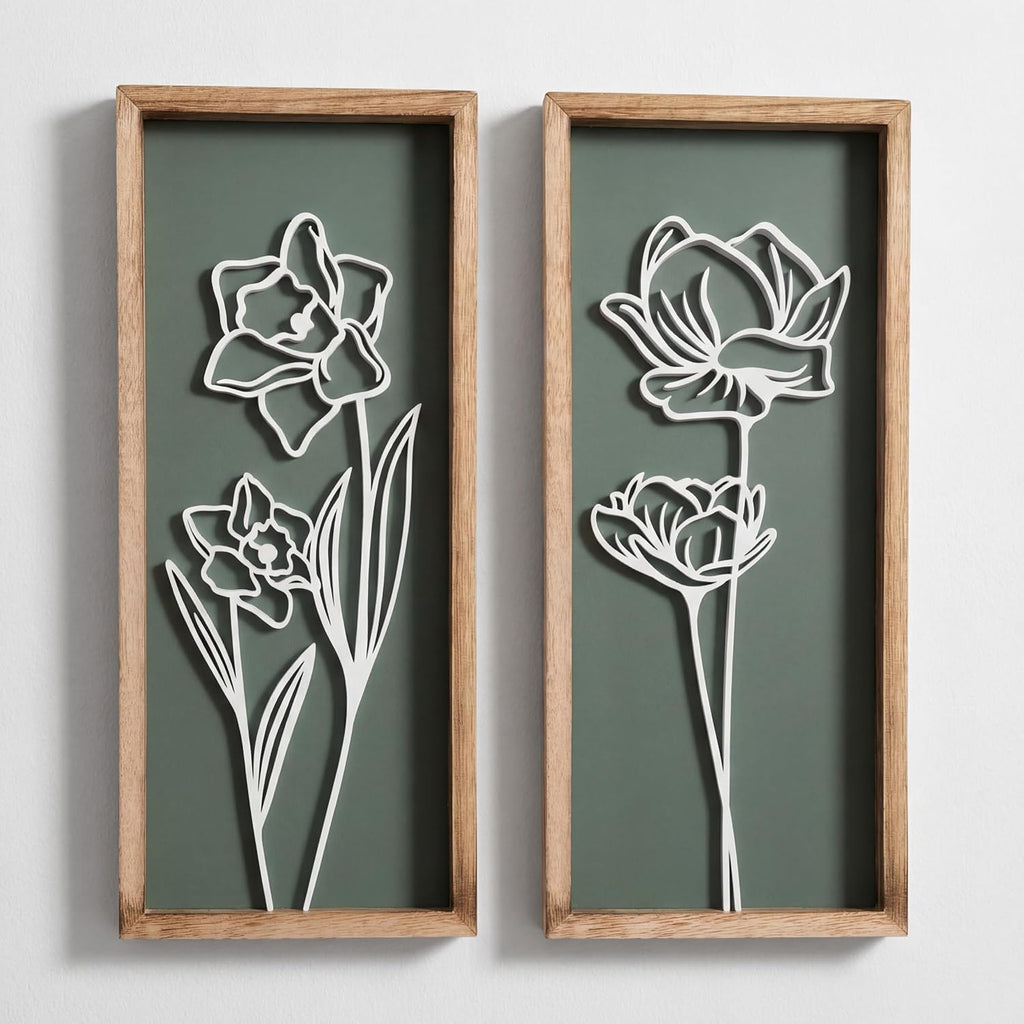 3D Floral Green Wall Art (Set of 2) Lightweight, Wooden Ready-to-Hang Boho Framed Wall Art for Bathroom, Bedroom, Living Room or Office – Premium Sage Green Farmhouse Decor – Gift-Boxed