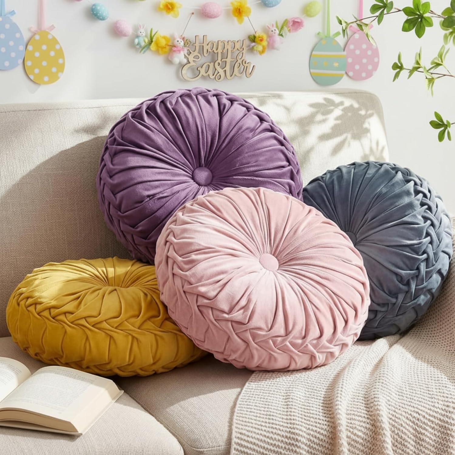Kathfly Set of 4 Decorative Round Pleated Throw Pillows, Classy Velvet Pumpkin Round Throw Pillows, Decorative Floor Pillow for Bed Chair Home Sofa Decor, 14" Diameter(Colorful)