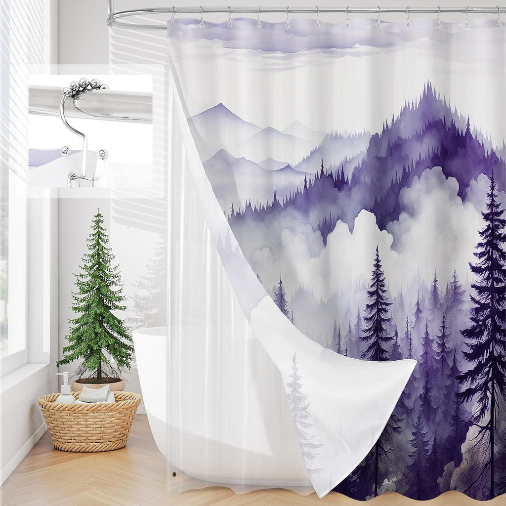 3 in 1 Shower Curtain Set, DarkGreen Misty Pine Forest Fabric Shower Curtain with PEVA Liner and Double Sided Hooks, Bathroom Curtain Waterproof 72x72