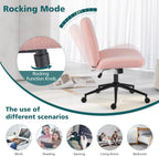 Criss Cross Chair with Wheels Wide Cross Legged Office Desk Vanity Chair Comfy Fabric Armless Adjustable Swivel for Home Computer Task Teddy Pink