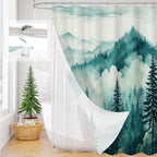 3 in 1 Shower Curtain Set, DarkGreen Misty Pine Forest Fabric Shower Curtain with PEVA Liner and Double Sided Hooks, Bathroom Curtain Waterproof 72x72