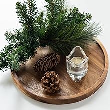 11.5 Inches Candle Holder Tray Home Decor, Round Wood Tray for Coffee Table, Small Wooden Serving Decorative Trays for Home