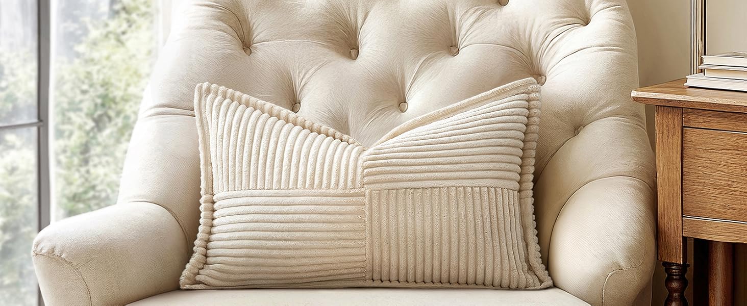 MIULEE Decorative Throw Pillow Covers for Couch Bed Livingroom 18x18 Inch Set of 2 Beige Boho Accent Throw Pllows Broadside Striped Patchwork Soft Corduroy Pillowcases