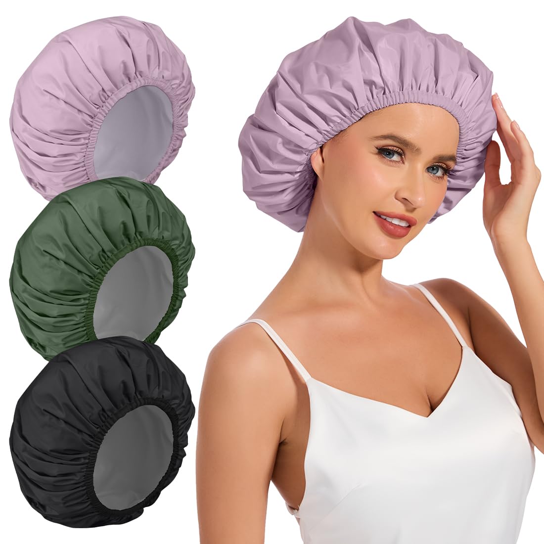 Shower Cap for Women Waterproof Reusable, Large Shower Cap Non-Slip with Elastic Band, Washable Bath Hair Hat for Long Hair, Braids (Pink)