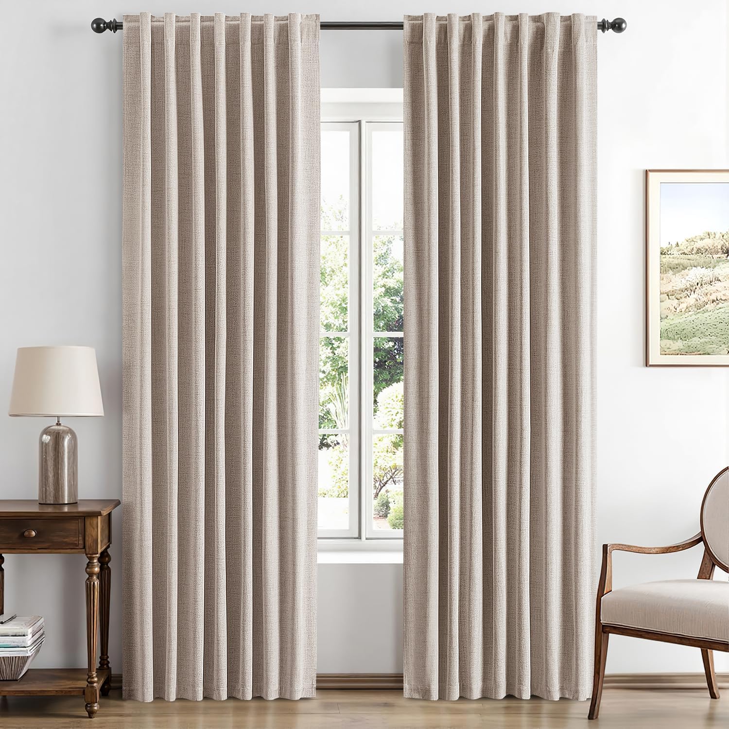 100% Blackout Linen Curtains for Bedroom, Ivory Solid Luxury Decor Thermal Insulation Room Darkening Drapes for Living Room Nursery Back Tab Rod Pocket 42 x 84 Inches, 2 Panels