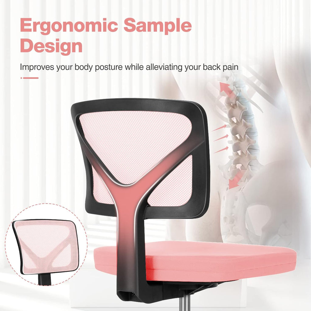 Small Desk Chair, Ergonomic Low-Back Mesh Rolling Work Swivel Chairs with Wheels, Armless Comfortable Seat Lumbar Support for Home, Bedroom, Study, Student, Adults,Classic Pink