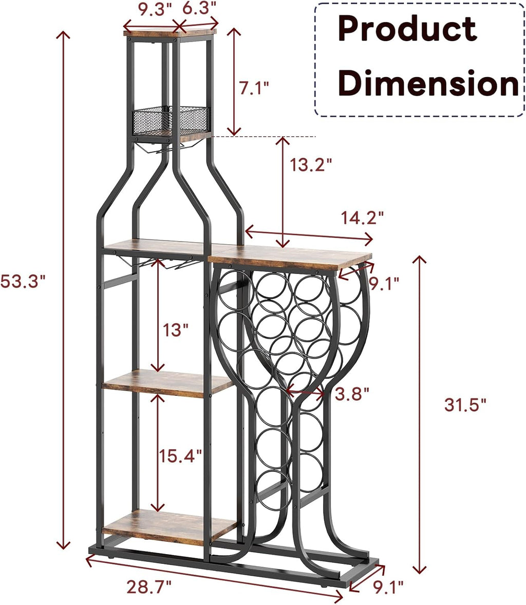 HavenlyYouth Liquor Cabinet for Home Bar, 5-Tier Wine Rack Freestanding Floor with Wine Glass Holder, Mini Bar Stand with 11 Wine Bottles, Bar Table with Storage for Living Room, Kitchen