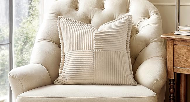 MIULEE Decorative Throw Pillow Covers for Couch Bed Livingroom 18x18 Inch Set of 2 Beige Boho Accent Throw Pllows Broadside Striped Patchwork Soft Corduroy Pillowcases