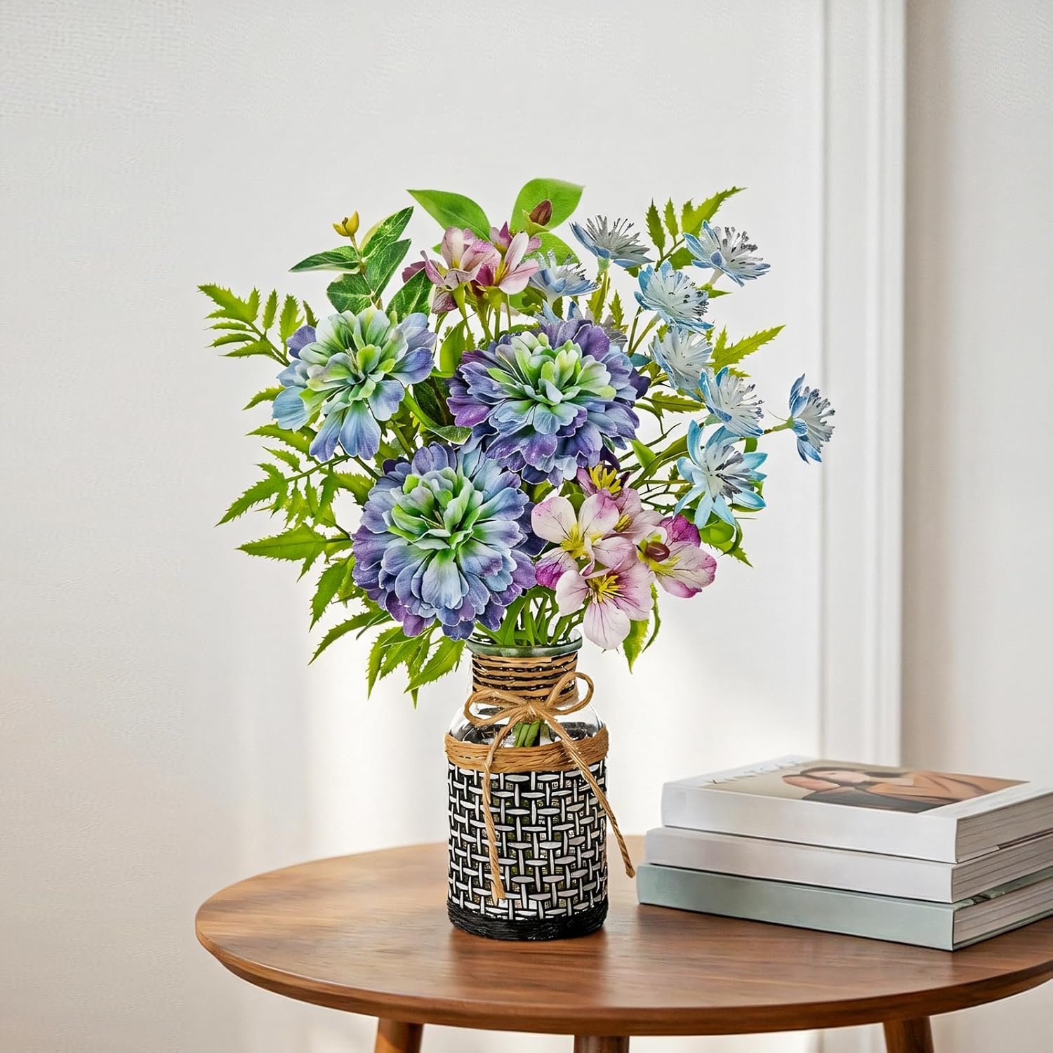 Fake Flowers in Vase Blue Faux Flowers Bush Bouquet Plant Flower Arrangements with Woven Glass Vase Artificial Flower Floral Bulk Bouquet Home Decor Bathroom Table Centerpiece Decorations