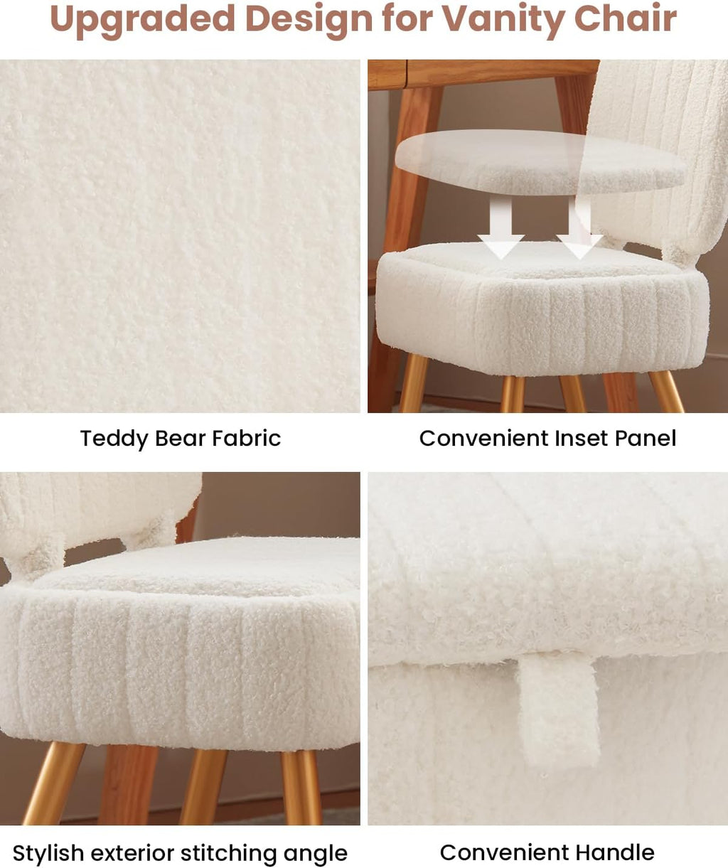 Vanity Chair, Storage Ottoman with Folding Back & Gold-Toned Metal Legs, Ottoman Seat with Teddy Velvet for Dressing Room Living Room Bedroom, 16" x 12.5" Inch