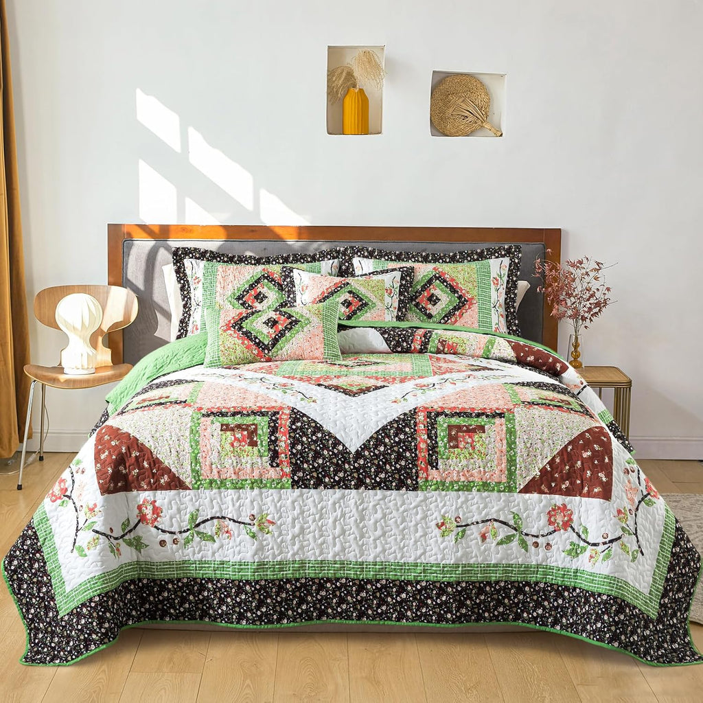 Farmhouse Cotton Quilts Queen Size for Fall - Lightweight Patchwork Autumn Bedspread Set for Bed Coverlet - Highly-Woven Soft Reversible Bed Spread for All Seasons (Floral Orange) 3 Pieces