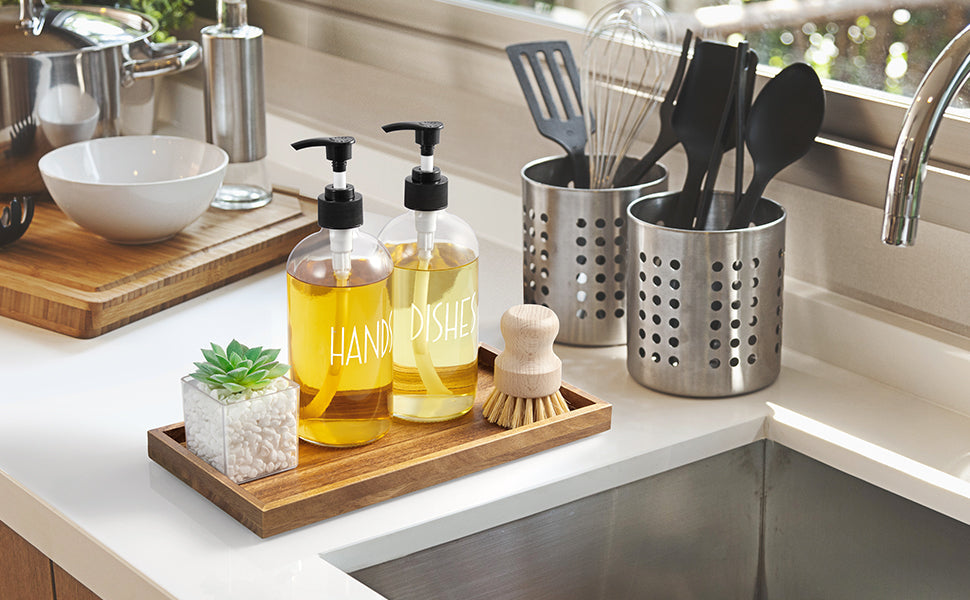 11.7" Bathroom Vanity Tray for Counter - Acacia Wood Decorative Tray for Toilet Tank Makeup Perfume Jewelry Catchall Coffee Table - Wooden Kitchen Countertop Organizer for Soap Dispenser