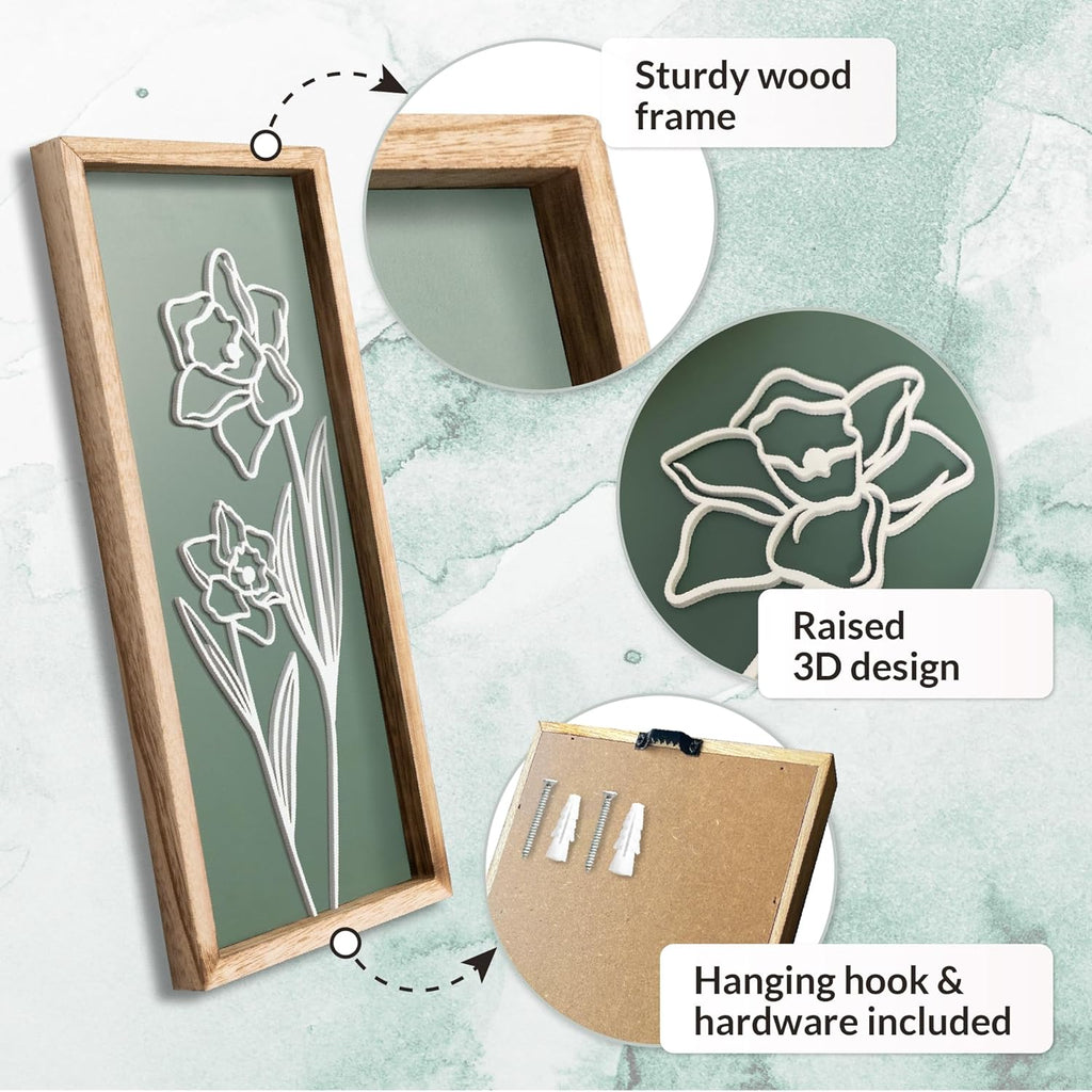 3D Floral Green Wall Art (Set of 2) Lightweight, Wooden Ready-to-Hang Boho Framed Wall Art for Bathroom, Bedroom, Living Room or Office – Premium Sage Green Farmhouse Decor – Gift-Boxed