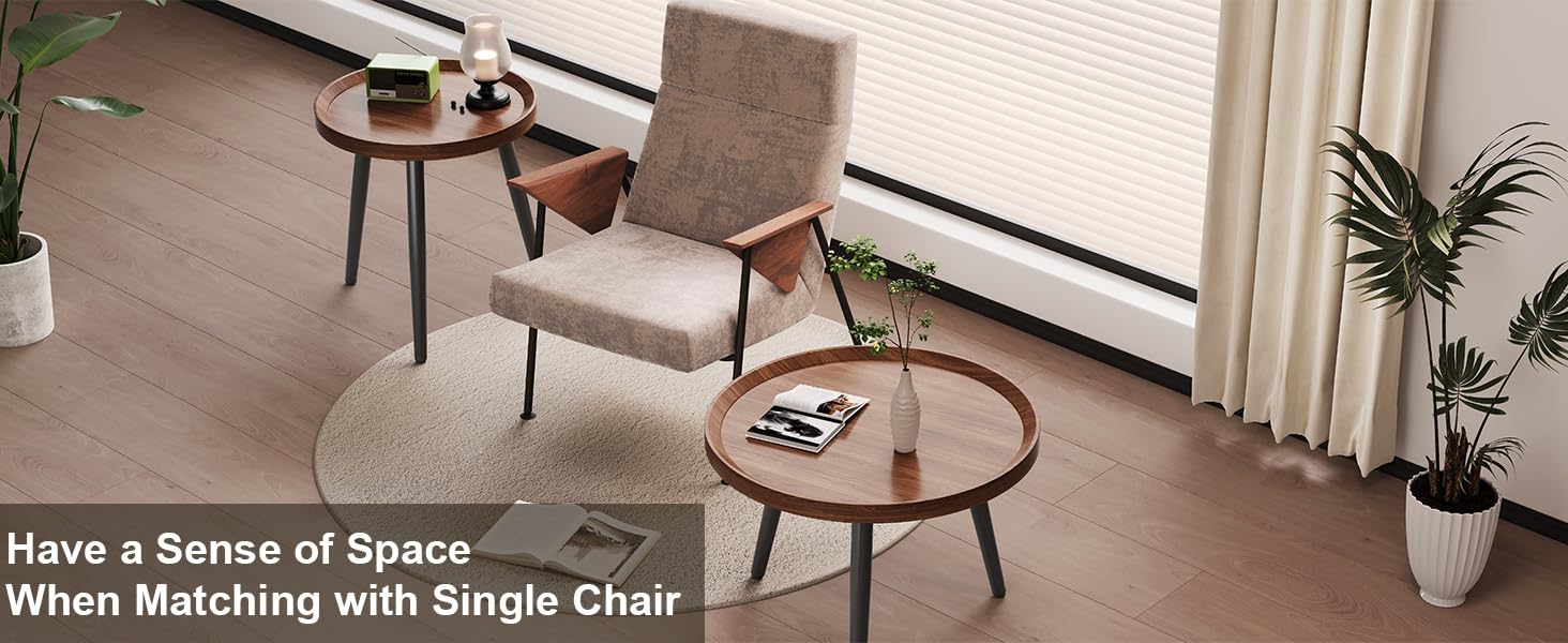 2 PCS Small Round Coffee Table Set, Mid Century Modern Coffee Tables for Living Room, Walnut Nesting Tables for Small Spaces, Easy Assembly Circle Wood Center Table,Black Nesting Coffee Table Set of 2