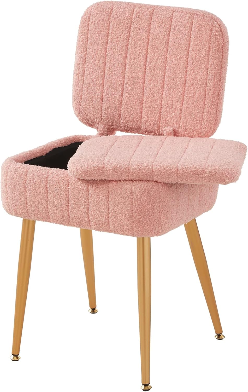 Vanity Chair, Storage Ottoman with Folding Back & Gold-Toned Metal Legs, Ottoman Seat with Teddy Velvet for Dressing Room Living Room Bedroom, 16" x 12.5" Inch