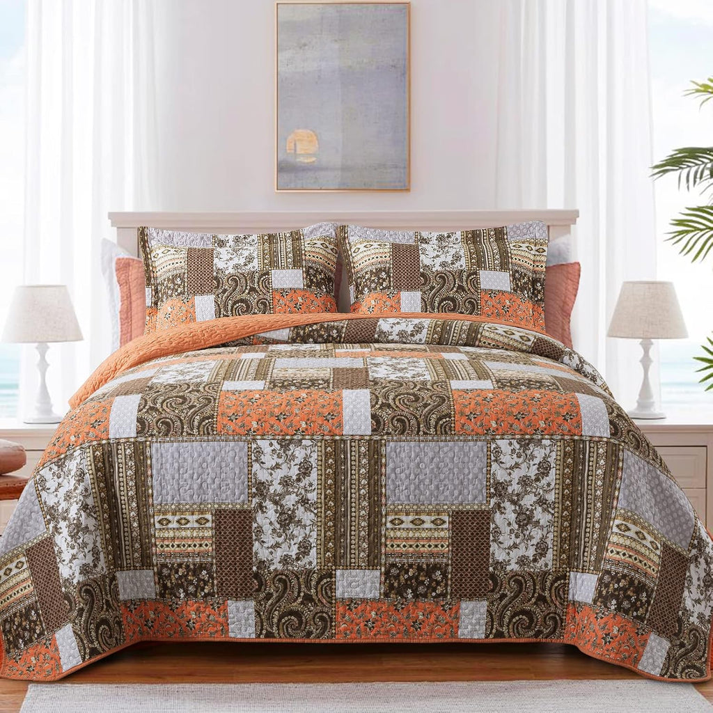 Farmhouse Cotton Quilts Queen Size for Fall - Lightweight Patchwork Autumn Bedspread Set for Bed Coverlet - Highly-Woven Soft Reversible Bed Spread for All Seasons (Floral Orange) 3 Pieces