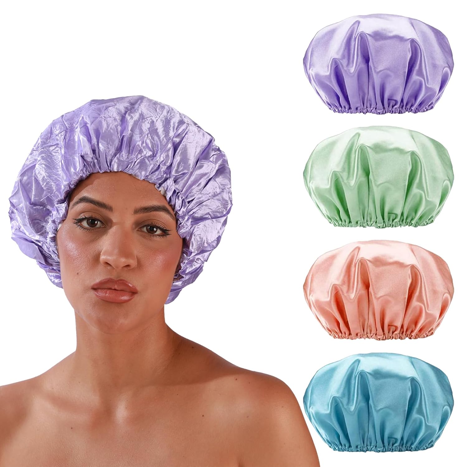 4 Pack Shower Caps for Women, Reusable Waterproof Double Layer Bath Cap, Large EVA Elastic Hair Cover for Shower, Fits Long Hair & Braids, for Spa & Home