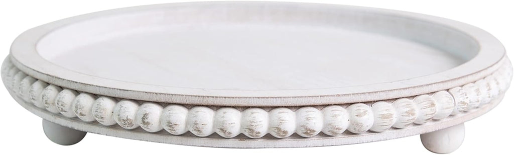 12in Round Wood Tray - White, Distressed, Farmhouse Rustic - Decorative Tray for Living Room, Coffee Table, Kitchen Table or Farmhouse Serving Tray