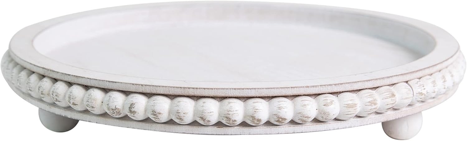 12in Round Wood Tray - White, Distressed, Farmhouse Rustic - Decorative Tray for Living Room, Coffee Table, Kitchen Table or Farmhouse Serving Tray
