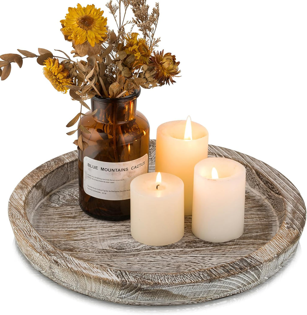 Candle Plate Holder Tray: Round White Wood Decorative Tray Decor - Rustic Farmhouse CoffeeTable Decor - Tealight Pillar Trays for Home Decor