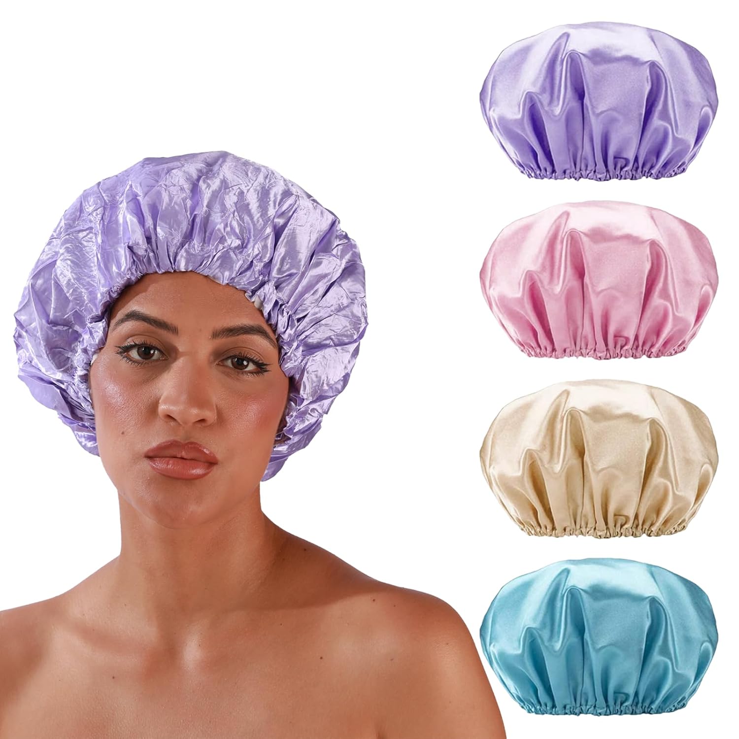 4 Pack Shower Caps for Women, Reusable Waterproof Double Layer Bath Cap, Large EVA Elastic Hair Cover for Shower, Fits Long Hair & Braids, for Spa & Home