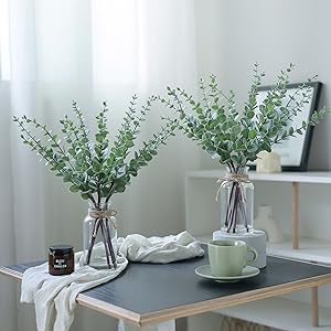 17.5" Artificial Eucalyptus Stems in Glass Vase with Faux Water,Fake Plant Eucalyptus Leaves White Seeds for Centerpiece Table Decorations Farmhouse Wedding Home Greenery Decor (Sage Green)