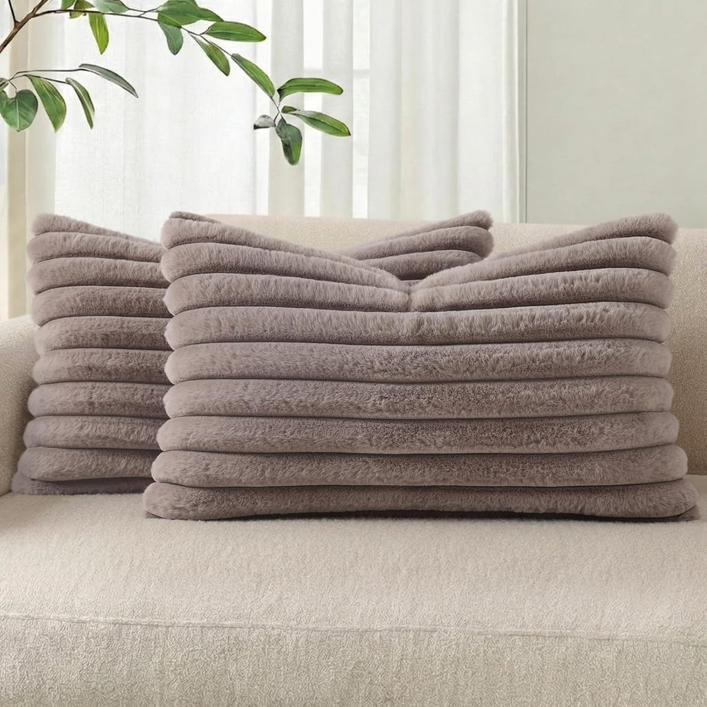 Pallene Faux Fur Plush Throw Pillow Covers 18x18 Set of 2, Luxury Soft Fluffy Striped Decorative Pillow Covers for Sofa, Couch, Living Room, Cream White