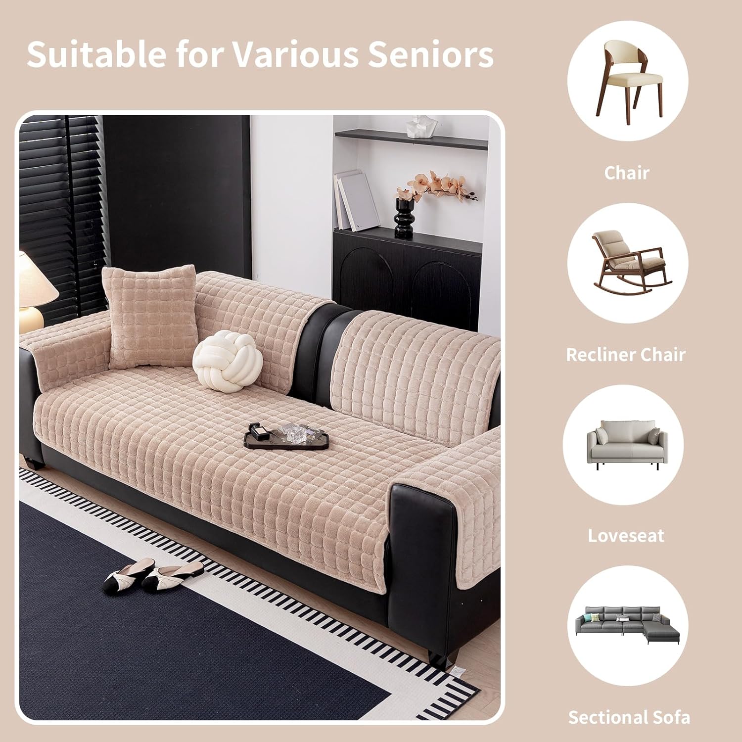 Couch Cover, Washable Sectional Sofa Cover, Anti Slip Sofa Slipcovers for 3 Cushion Couch Sofa L Shaped Recliner, Furniture Protector Covers for Pets Kids(Khaki, Only 1 PCS)