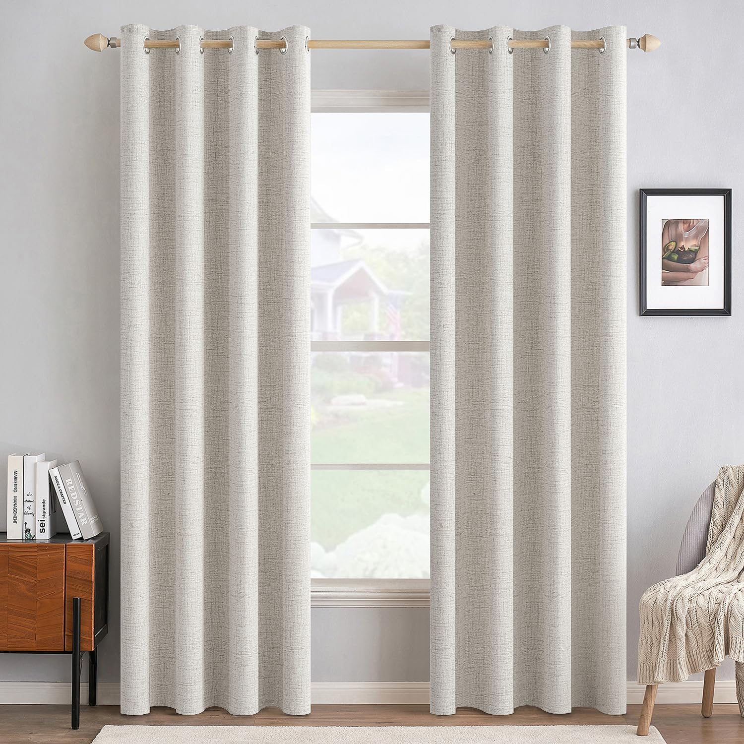 100% Blackout Linen Textured Curtains for Bedroom Solid Thermal Insulated Natural Beige Grommet Room Darkening Curtains & Drapes Luxury Decor for Living Room Nursery 52 x 84 Inch (2 Panels)