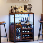 Wine Bar Rack Cabinet with LED Light, Adjustable Shelves Coffee Bar Cabinet with Mesh Door and Baffle Design, 36″ Tall Small Liquor Bar Cabinet for Home, Kitchen, Dinning Room, Rustic Brown