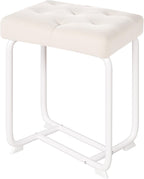 White Vanity Chair, Leather Vanity Stool, Small Stool Chair for Vanity, Square Ottoman Foot Stool, Makeup Vanity Chairs with Thick Padded Seat for Bathroom, Bedroom, Entryway, KFD01W