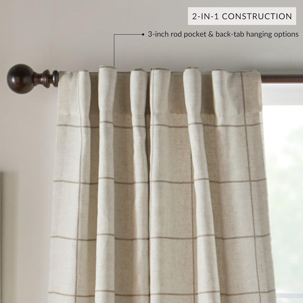 Fashions Brighton Windowpane Plaid Blackout Window Curtain, Living Room and Bedroom Drape with Rod Pocket Tabs, 52" x 84", Linen, 1 Panel