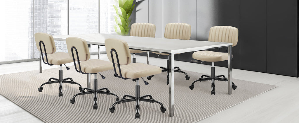 Small Office Desk Chair - Armless PU Leather with Comfy Lumbar Support, Height Adjustable Rolling Swivel Task for No Arms, for Adult, Student, Bedroom, Home, Vanity, Beige White
