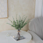 17.5" Artificial Eucalyptus Stems in Glass Vase with Faux Water,Fake Plant Eucalyptus Leaves White Seeds for Centerpiece Table Decorations Farmhouse Wedding Home Greenery Decor (Sage Green)