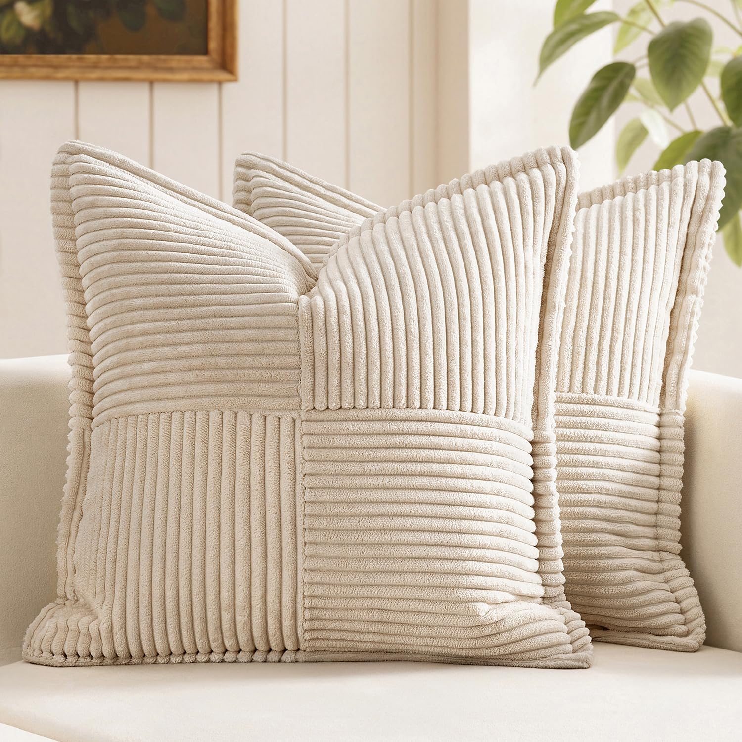 MIULEE Decorative Throw Pillow Covers for Couch Bed Livingroom 18x18 Inch Set of 2 Beige Boho Accent Throw Pllows Broadside Striped Patchwork Soft Corduroy Pillowcases