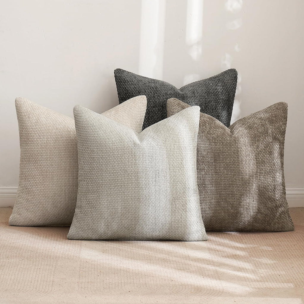 Pack of 4 Couch Throw Pillow Covers 18x18 Inch Neutral Soft Decorative Chenille Pillow Covers Farmhouse Boho Cushion Covers for Mid Century Modern Spring Home Decor Sofa Bedroom Living Room
