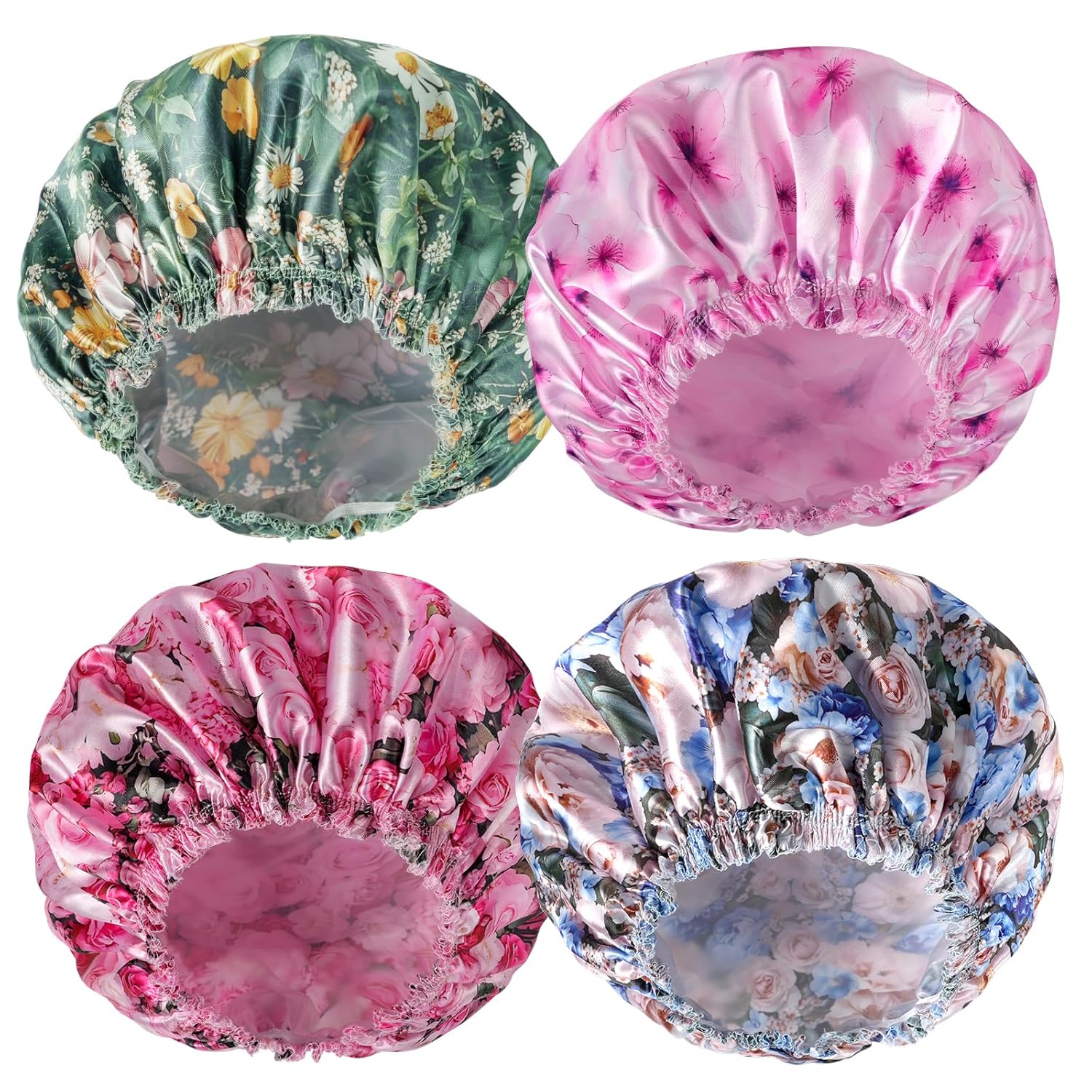 4 PCS Shower Caps for Women, Elastic and Reusable Bath Caps, Double Waterproof Layers Shower Cap, Bathing Shower Caps, Environmental Protection Hair Bath Hat - Printed Color