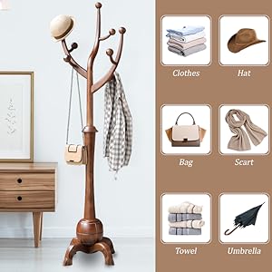 Coat Rack Freestanding Wood Coat Tree Rack with 8 Hooks, Creative Design Tree Branch-look, Standing Coat Rack Clothes Hanger Stand with Stury Base for Entryway, Hallway, Bedroom - Load 160lb (Walnut)