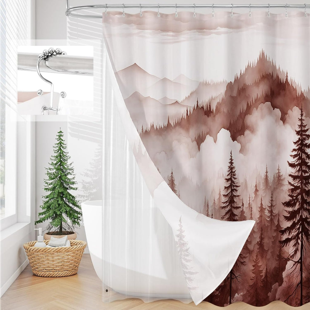 3 in 1 Shower Curtain Set, DarkGreen Misty Pine Forest Fabric Shower Curtain with PEVA Liner and Double Sided Hooks, Bathroom Curtain Waterproof 72x72