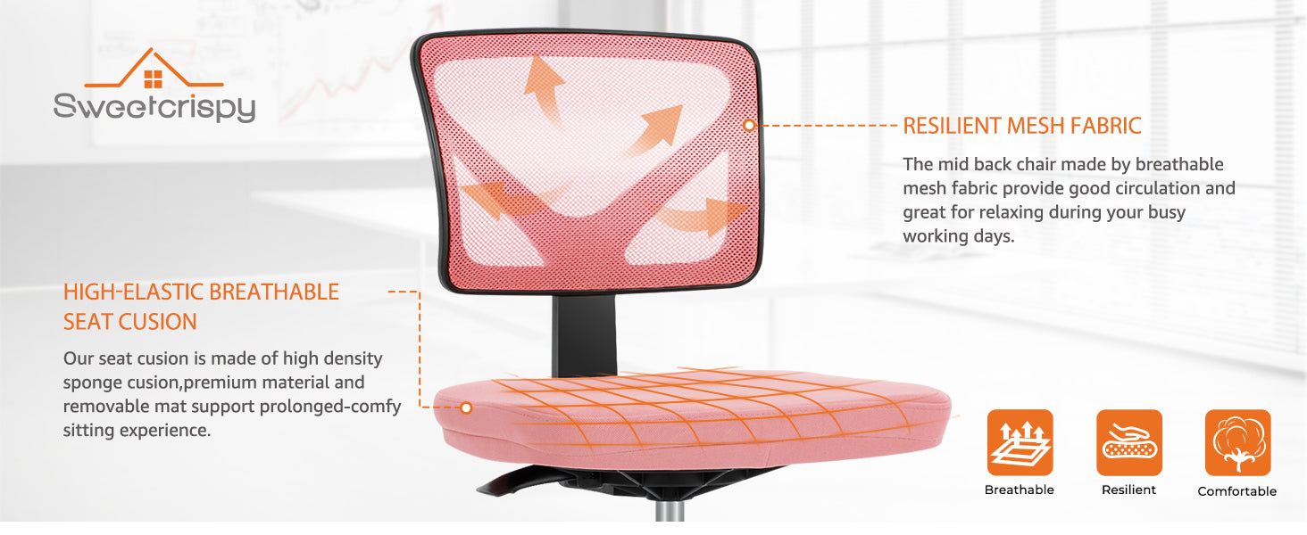 Small Desk Chair, Ergonomic Low-Back Mesh Rolling Work Swivel Chairs with Wheels, Armless Comfortable Seat Lumbar Support for Home, Bedroom, Study, Student, Adults,Classic Pink