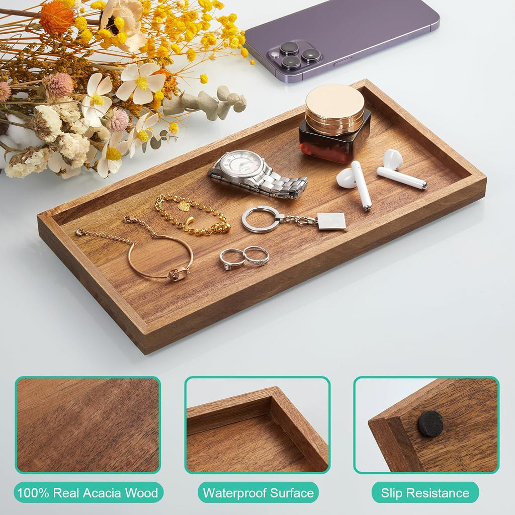 11.7" Bathroom Vanity Tray for Counter - Acacia Wood Decorative Tray for Toilet Tank Makeup Perfume Jewelry Catchall Coffee Table - Wooden Kitchen Countertop Organizer for Soap Dispenser
