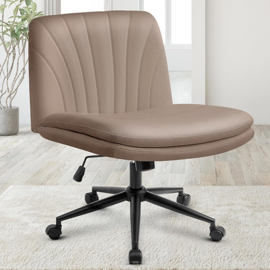 Chair Wheels Wide Cross Legged Office Desk Vanity Chair Comfy Fabric Armless Adjustable Swivel for Home Computer Task (Beige Wheel, Fabric)
