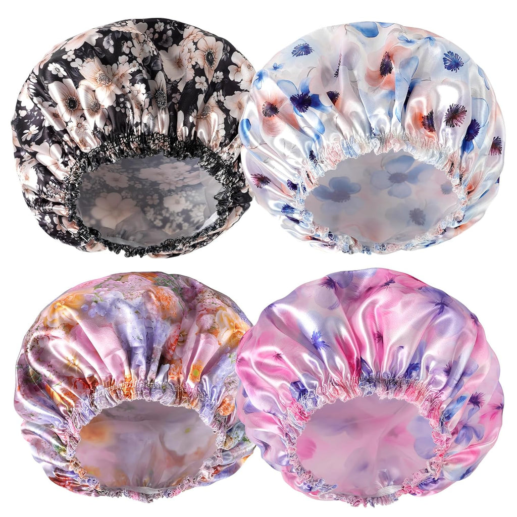 4 PCS Shower Caps for Women, Elastic and Reusable Bath Caps, Double Waterproof Layers Shower Cap, Bathing Shower Caps, Environmental Protection Hair Bath Hat - Printed Color