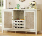 Rattan Wine Bar Cabinet, Boho Rattan Home Bar with Glass Holder and Drawer Style Racks, Oak Sideboard Buffet Storage Cabinet for Living Dining Room Kitchen