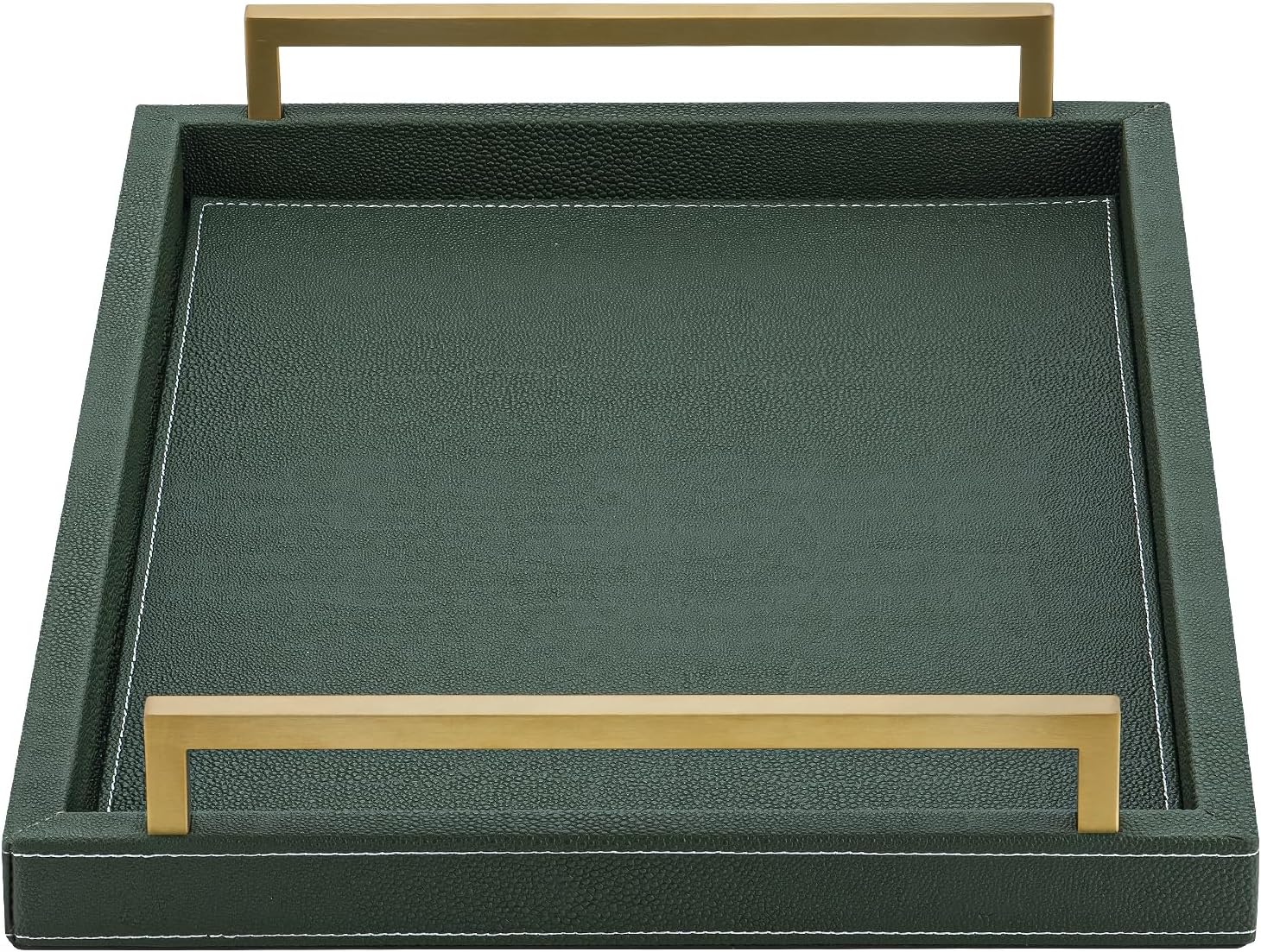 Ivory Shagreen Decorative Tray Large Rectangle Coffee Table Tray for Ottoman Faux Leather Serving Tray with Brushed Gold Handles