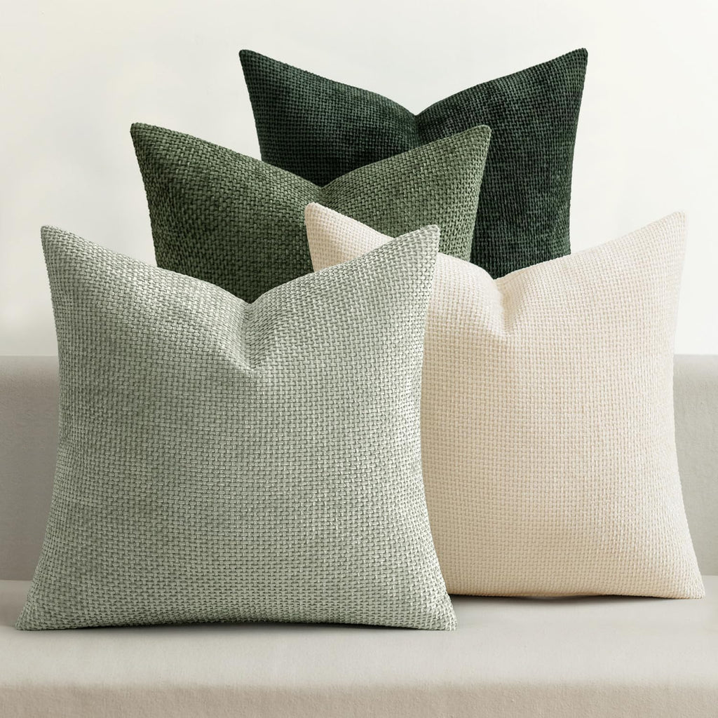 Pack of 4 Couch Throw Pillow Covers 18x18 Inch Neutral Soft Decorative Chenille Pillow Covers Farmhouse Boho Cushion Covers for Mid Century Modern Spring Home Decor Sofa Bedroom Living Room