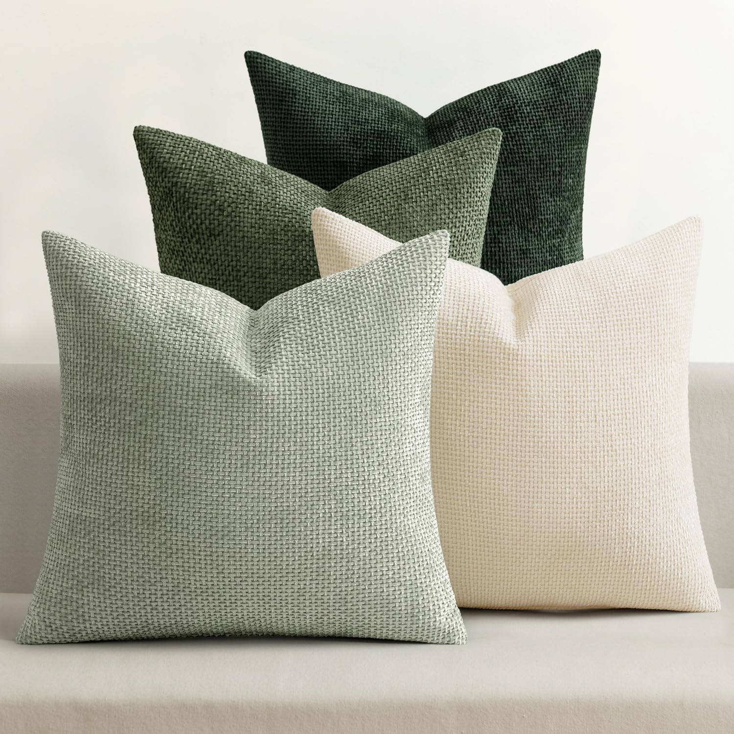 Pack of 4 Couch Throw Pillow Covers 18x18 Inch Neutral Soft Decorative Chenille Pillow Covers Farmhouse Boho Cushion Covers for Mid Century Modern Spring Home Decor Sofa Bedroom Living Room